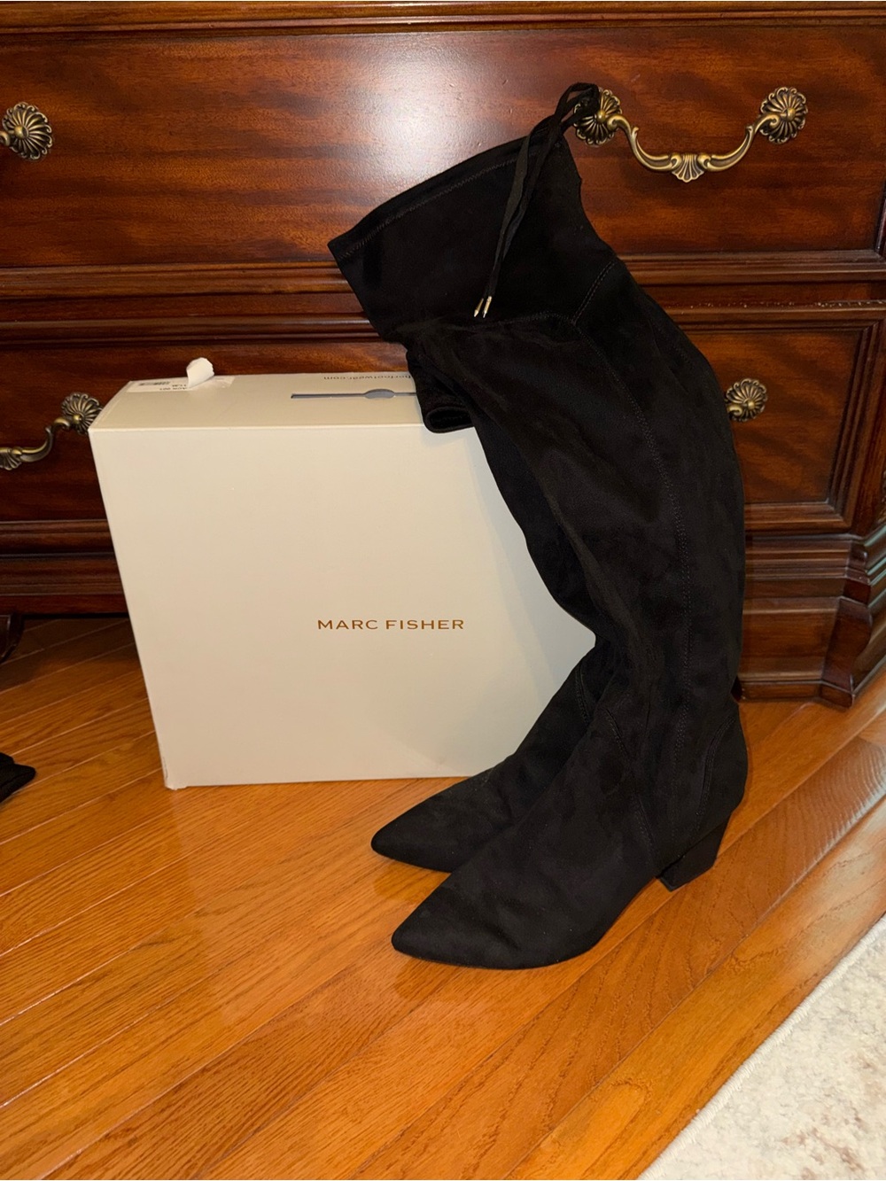 Marc Fisher Black Over-The-Knee Pointed Suede Boots with Tie